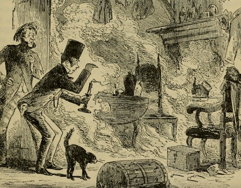 Sepia tone cartoon drawing of two men looking at plumes of smoke inside a sitting room